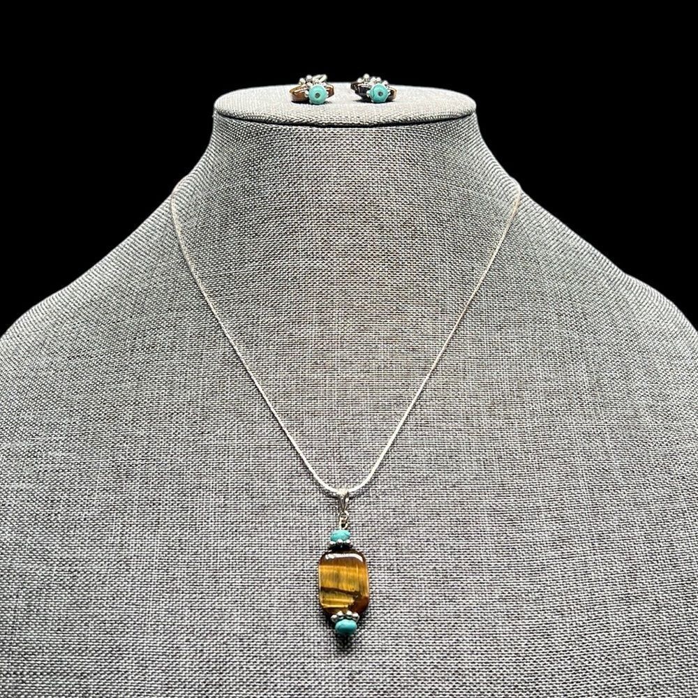 Tigers Eye Turquoise Necklace Dangle Earrings Set